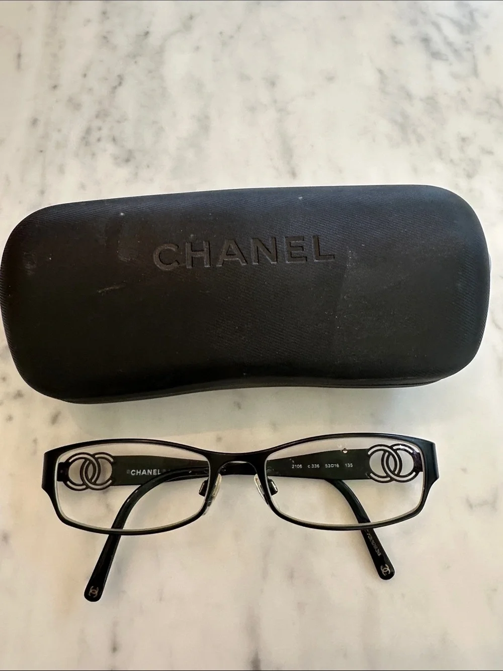 Vintage CHANEL Black Rectangular Metal Eyeglasses w/case